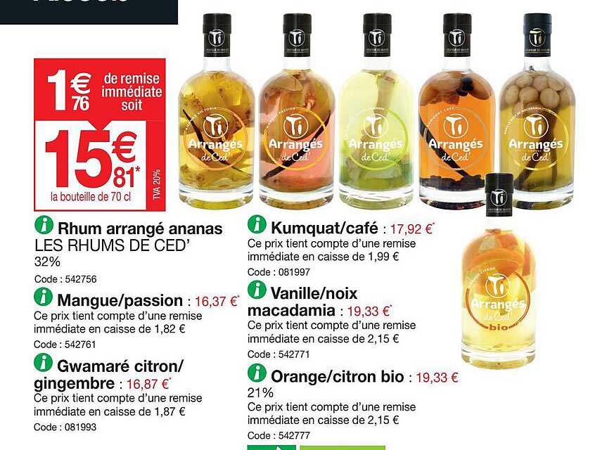 rhum arrangé ananas les rhums de ced', mangue-passion, gwamaré citron-gingembre, kumquat-café, vanille-noix macadamia, orange-citron bio