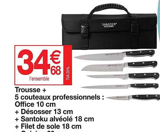 Trousse + 5 Couteaux Professionels: Désosser 13 Cm, Santoku Alvéolé 18 Cm; Filet De Sole 18 Cm
