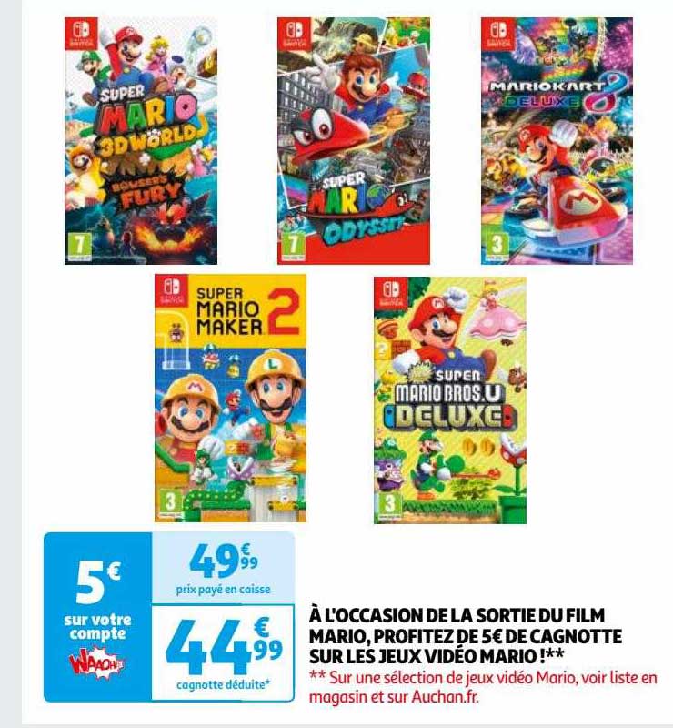 à l'occasion de la sortie de film mario, profitez de 5€ de cagnotte sur les jeux vidéo mario!