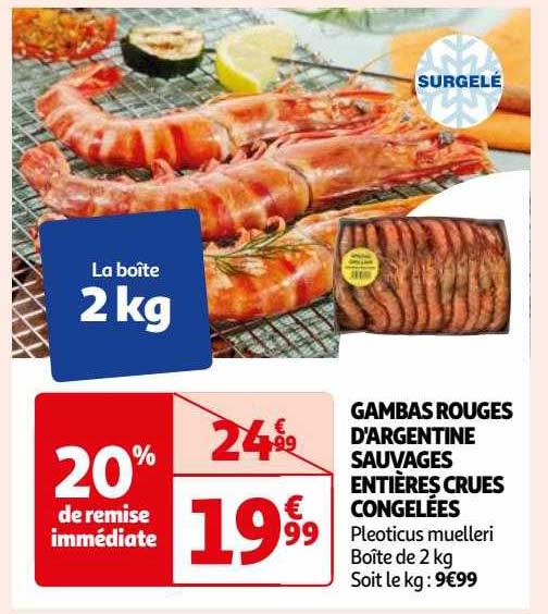 gambas rouges d'argentine sauvages entières crues congelées