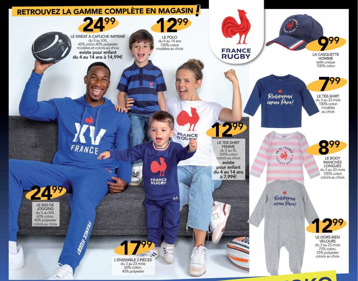 le sweat à capuche imprimé, le polo, le bas de jogging, l'ensemble 2 pièces,, le tee-shirt femme, la casquette homme, le tee-shirt, le body manches longues, le dors-bien velours france rugby