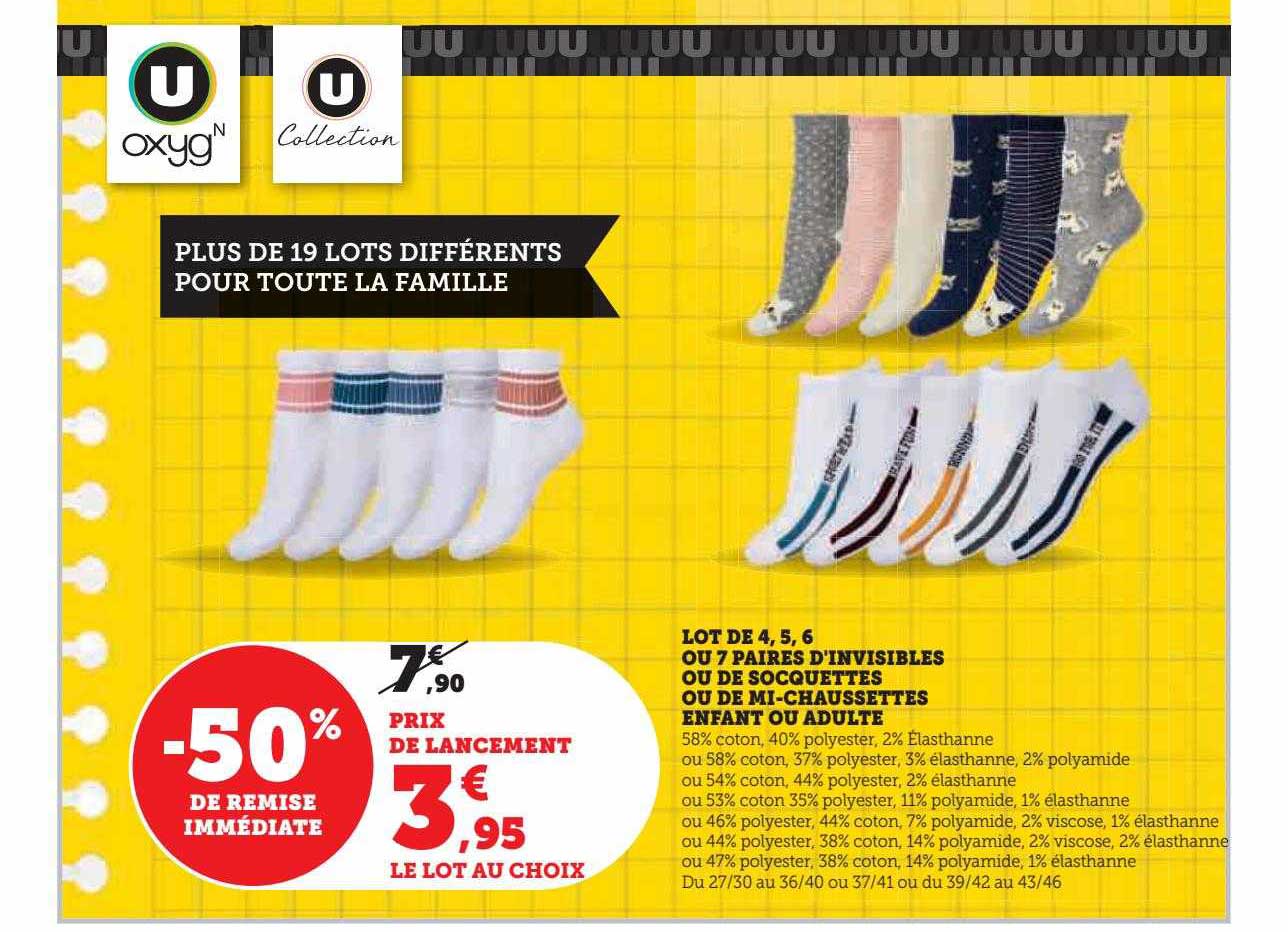 lot de 4, 5, 6 ou 7 paires d'invisibles ou de socquettes ou de mi-chaussettes enfant ou adulte