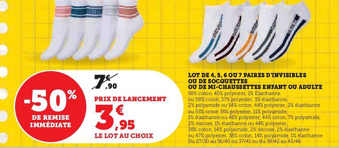 lot de 4, 5, 6 ou 7 paires d'invisibles ou de socquettes ou de mi-chaussettes enfant ou adulte
