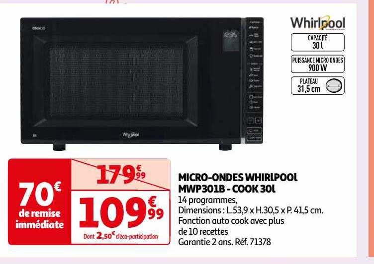 micro-ondes whirlpool mwp301b - cook 30l
