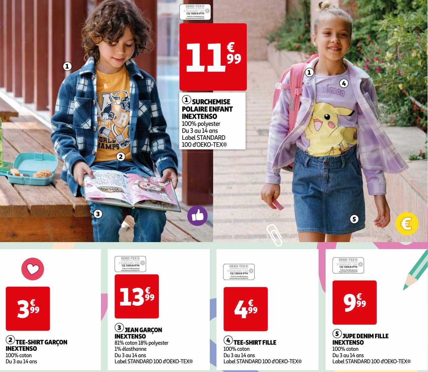 surchemise polaire enfant inextenso, tee-shirt garçon inextenso, jean garçon inextenso, tee-shirt fille inextenso, jupe denim fille inextenso