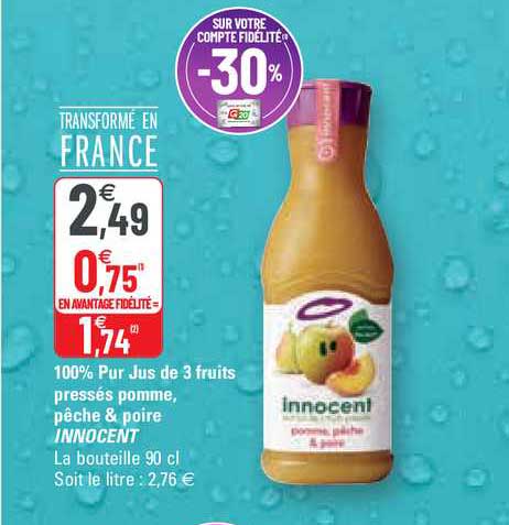 100% pur jus de 3 fruits pressés pomme, pêche & poire innocent