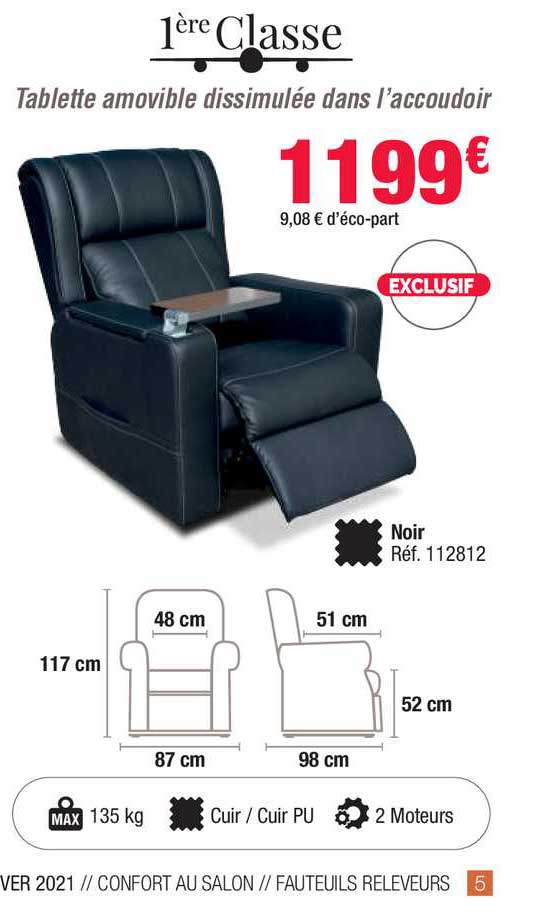 1ère classe tablette amovible dissimulée dan l'accoudoir