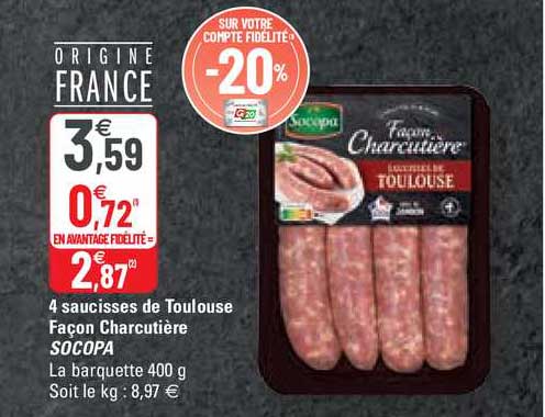 4 saucisses de toulouse façon charcutière socopa