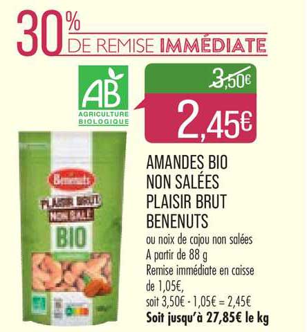 amandes bio non salées plaisir brut bénenuts