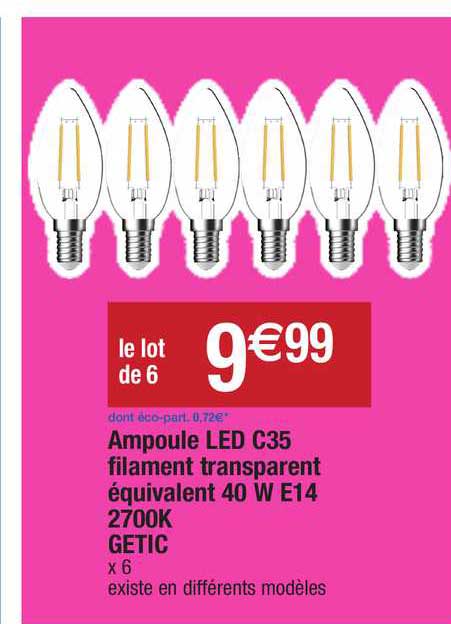ampoule led c35 filament transparent équivalent 40 w e14 2700k getic