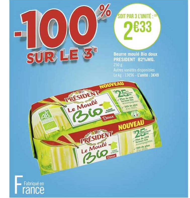 Beurre Moulé Bio Doux Président 82% Mg