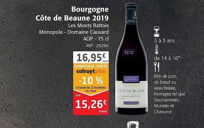 bourgogne côte de beaune 2019 les monts battois monopole - domaine cauvard aop
