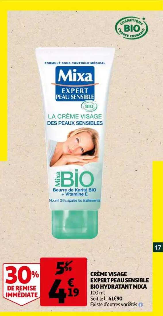 crème visage expert peau sensible bio hydratant mixa