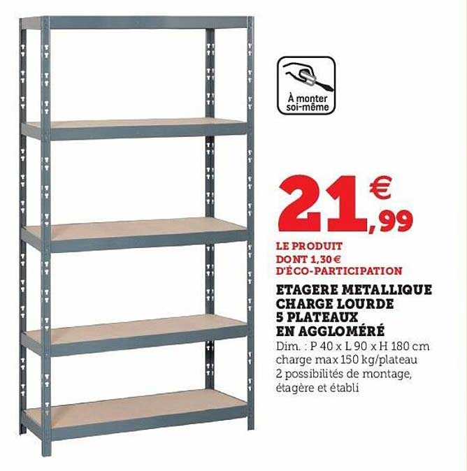 étagère métallique charge lourde 5 plateaux en aggloméré