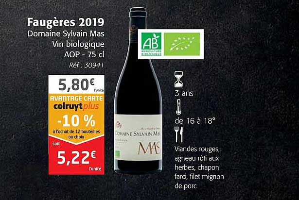 faugères 2019 domaine sylvain mas vin biologique aop
