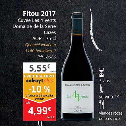 fitou 2017 cuvée les 4 vents domaine de la serre cazes aop