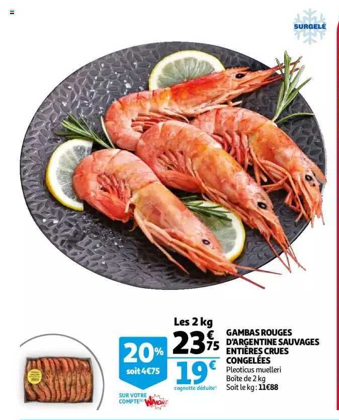 gambas rouges d'argentine sauvages entières crues congelées
