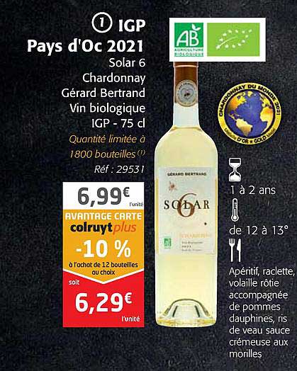 igp pays d'oc 2021 solar 6 chardonnay gérard bertrand vin biologique igp