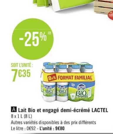 lait bio et engagé demi-écrémé lactel