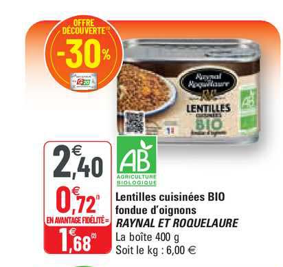 lentilles cuisinées bio fondue d'oignons raynal et roquelaure