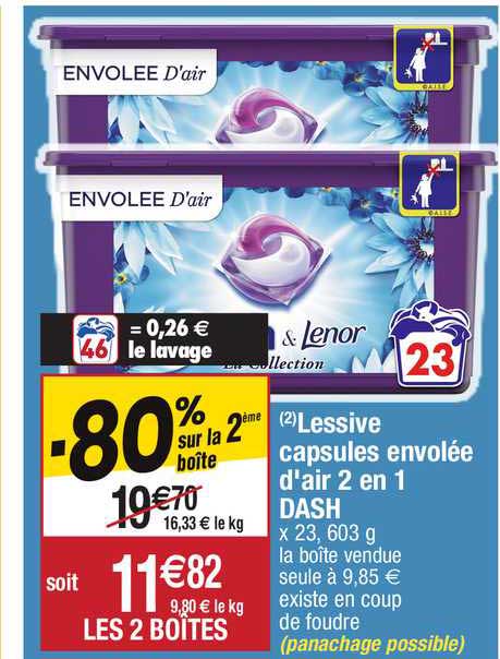 lessive capsules envolée d'air 2 en 1 dash