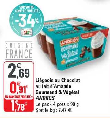 Liégeois Au Chocolat Au Lait D'amande Gourmand & Végétal Andros