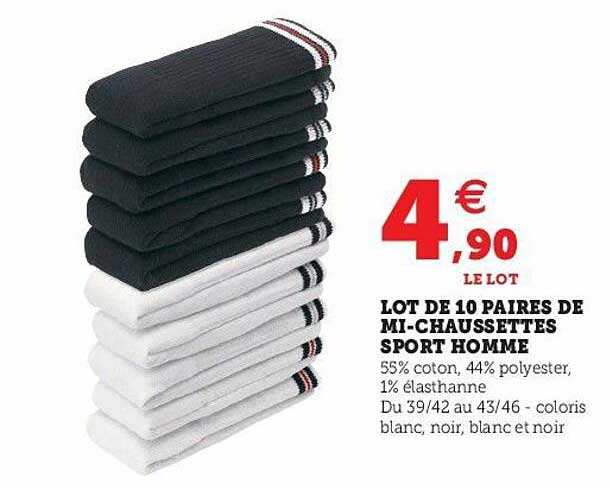 lot de 10 paires de mi-chaussettes sport homme