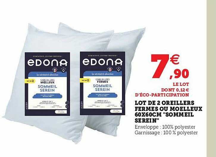 lot de 2 oreillers fermes ou moelleux "sommeil serein"