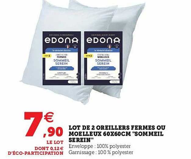 lot de 2 oreillers fermes ou moelleux 60 x 60 cm "sommeil serrein"