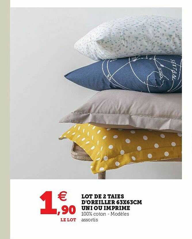 lot de 2 taies d'oreiller 63 x 63 cm uni ou imprimé