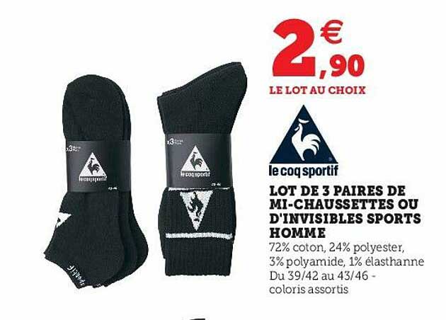 lot de 3 paires de mi-chaussettes ou d'invisibles sports homme le coq sportif