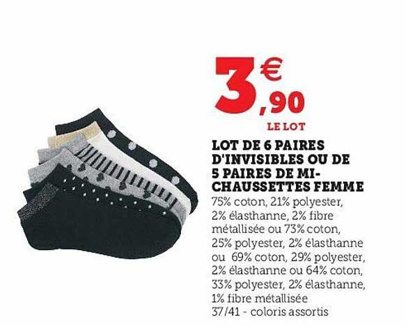 lot de 6 paires d'invisibles ou de 5 paires de mi-chaussettes femme