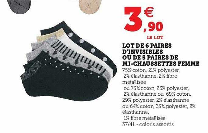 lot de 6 paires d'invisibles ou de 5 paires de mi-chaussettes femme