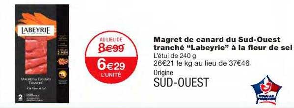magret de canard du sud-ouest tranché "labeyrie" à la fleur de sel