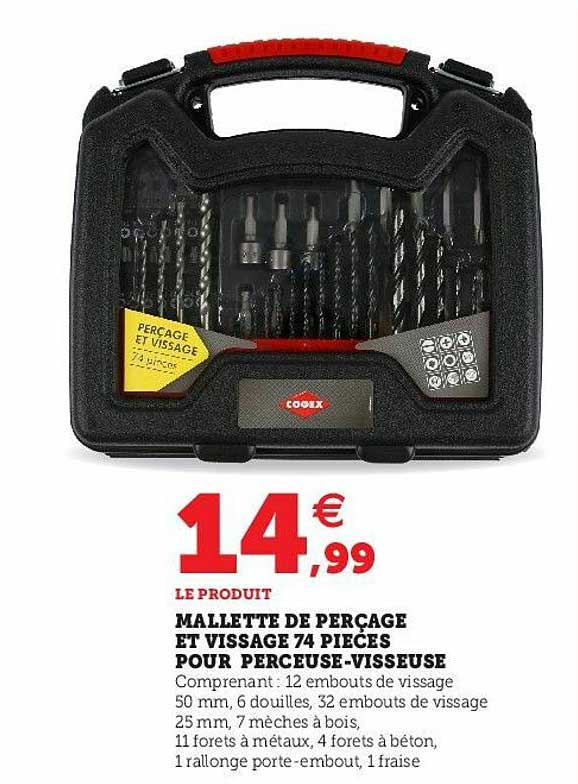 mallette de perçage et vissage 74 pièces pour perceuse-visseuse