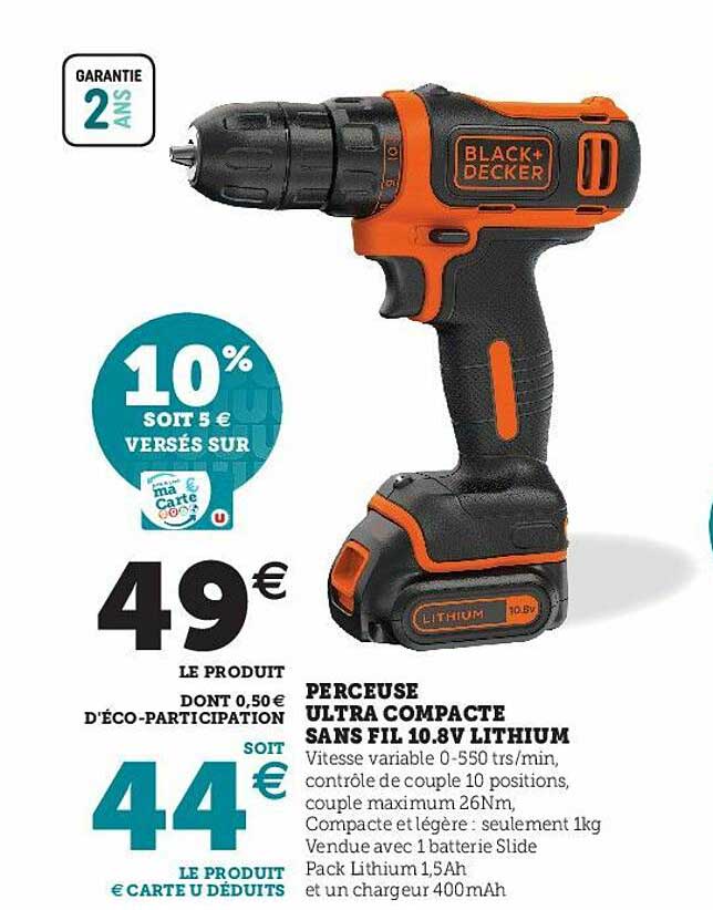 Perceuse Ultra Compacte Sans Fil 10.8v Lithium Black+decker