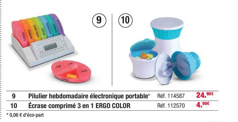 pilulier hebdomadaire électronique portable écrase comprimé 3 en 1 ergo color