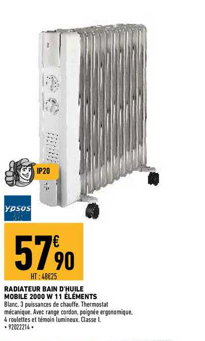 radiateur bain d'huile mobile 2000 w 11 éléments ypsos