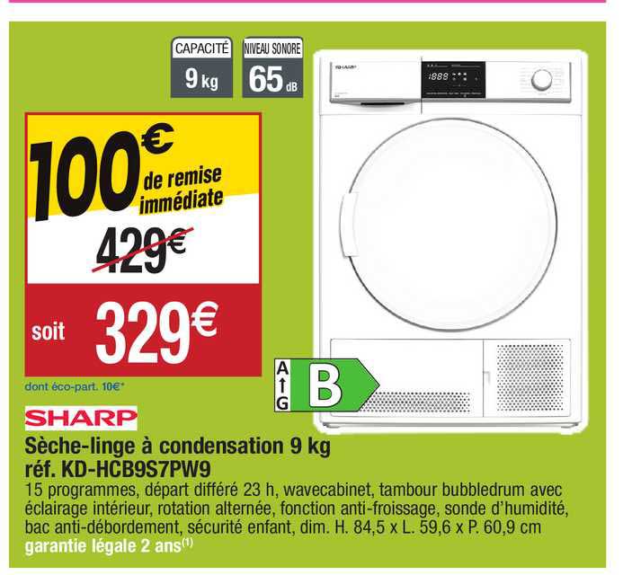 sèche-linge à condensation 9 kg sharp réf. kd-hcb9s7pw9