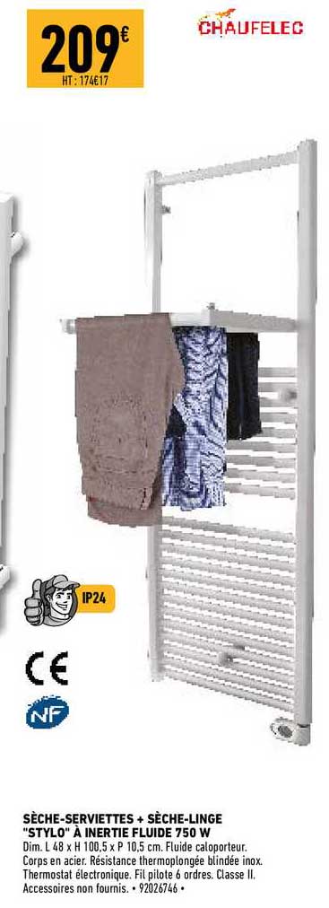 sèche-serviettes + sèche-linge "stylo" à inertie fluide 750 w