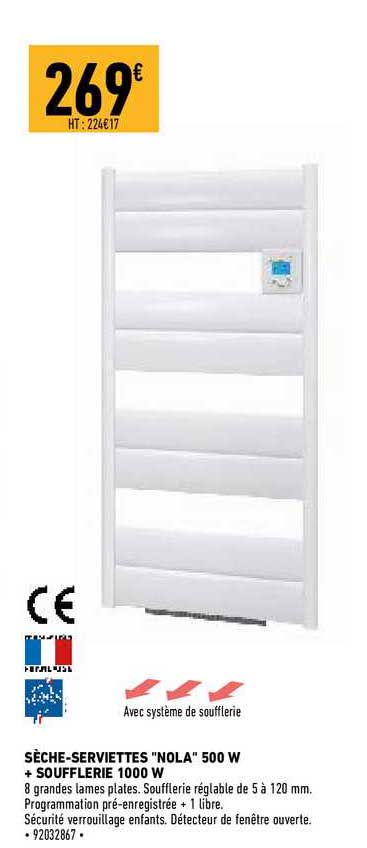 sèche-serviettes "nola" 500 w + soufflerie 1000 w