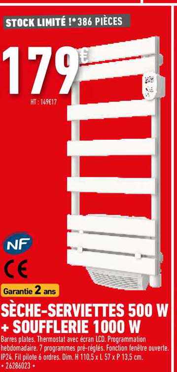 sèche-serviettes 500 w + soufflerie 1000 w