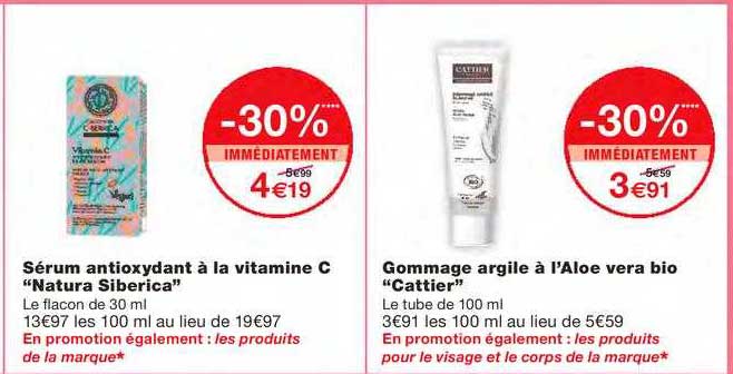 sérum antioxydant à la vitamine c "natura siberica", gommage argile à l'aloé vera bio "cattier"