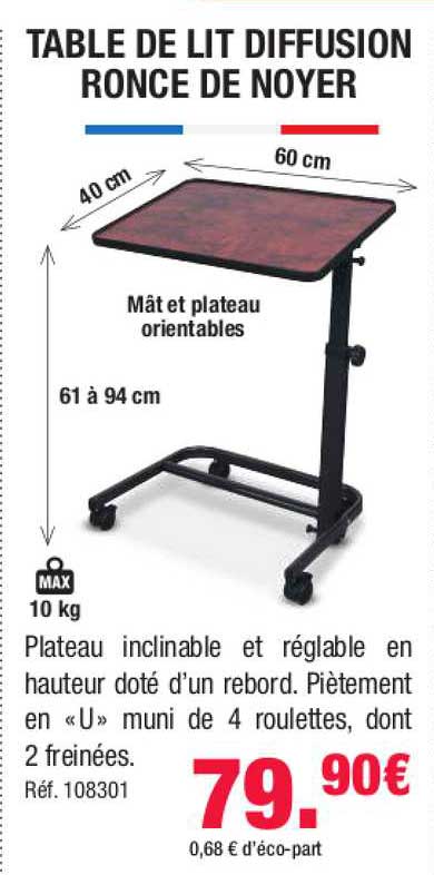 table de lit diffusion ronce de noyer