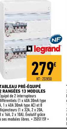 tableau pré-équipé 2 rangées 13 modules legrand