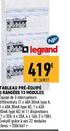 tableau pré-équipé 3 rangées 13 modules legrand