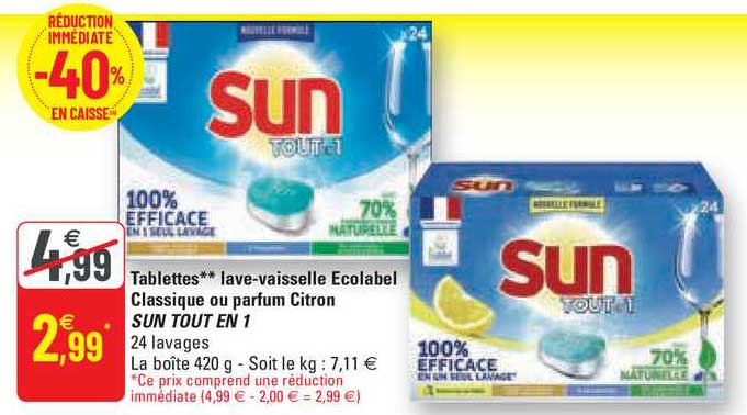 tablettes lave-vaisselle ecolabel classique ou parfum citron sun tout en 1