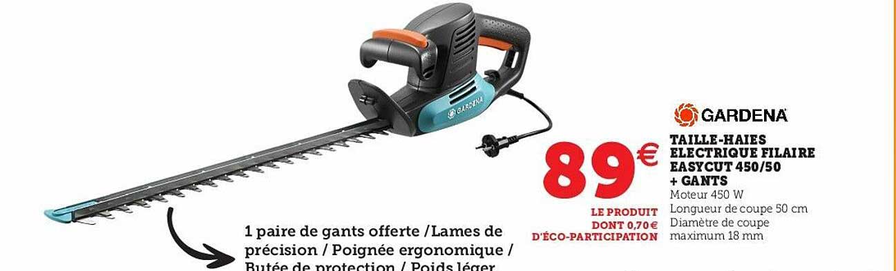 taille-haies électrique filaire easycut 450-50 + gants gardena