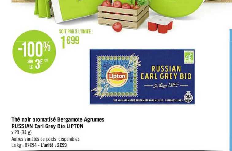 thé noir aromatisé bergamote agrumes russian earl grey bio lipton
