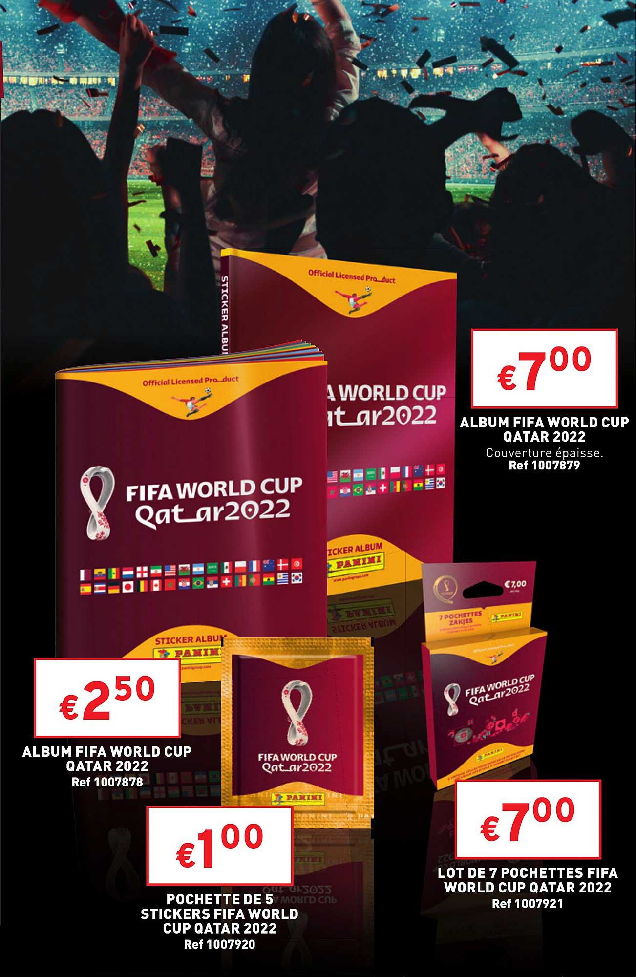 album fifa world cup qatar 2022, pochette de 5 stickers fifa world cup qatar 2022, lot de 7 pochettes fifa world cup qatar 2022